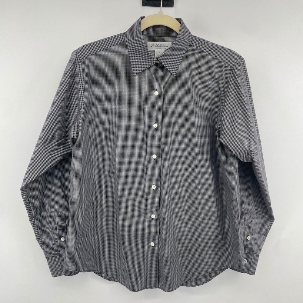 Brooks Brothers Button Down Shirt Womens 8 Navy Blue Micro Check Non-Iron Cotton